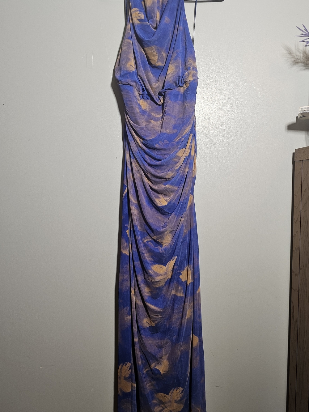 Zara Blue and Orange Cowl Neck Mesh Overlay Halter Maxi Dress